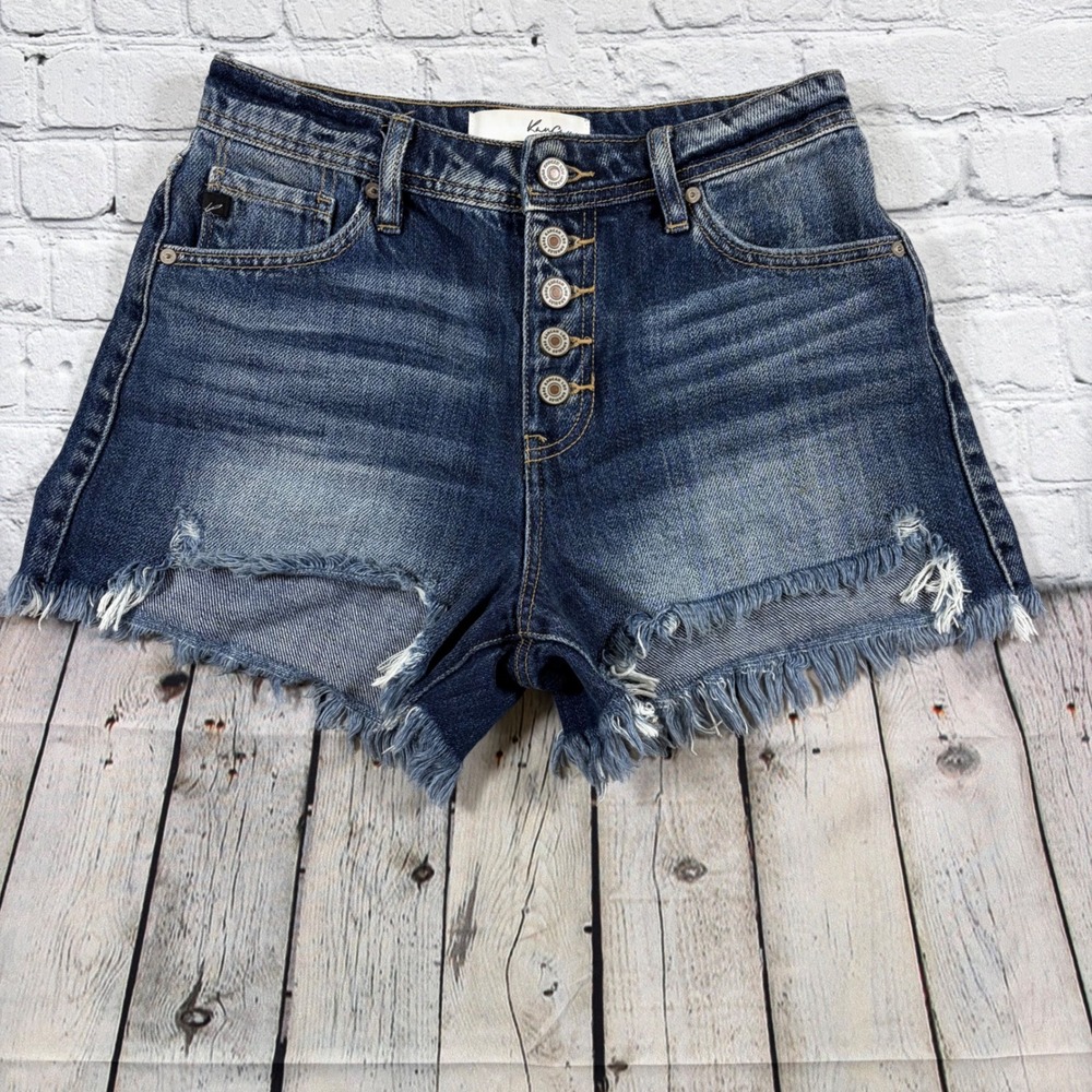KanCan Women High Rise Distressed Denim Shorts Button Fly Dark Wash KC8689M 1/24